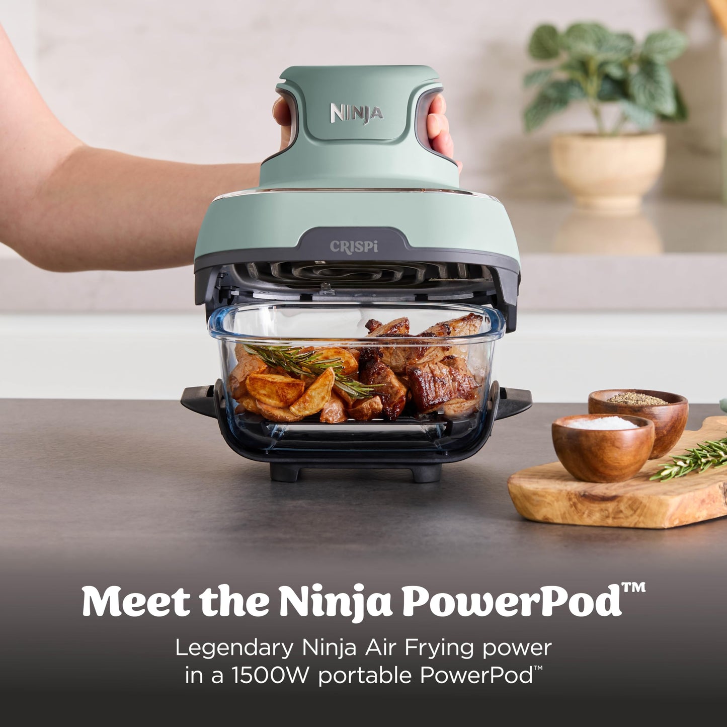 Ninja Crispi 4 in 1 Glass Air Fryer, 450°F, Non Toxic, 4QT and 6 Cup Containers with Lids, Dishwasher Safe, Stone, 1 Count, FN101ST