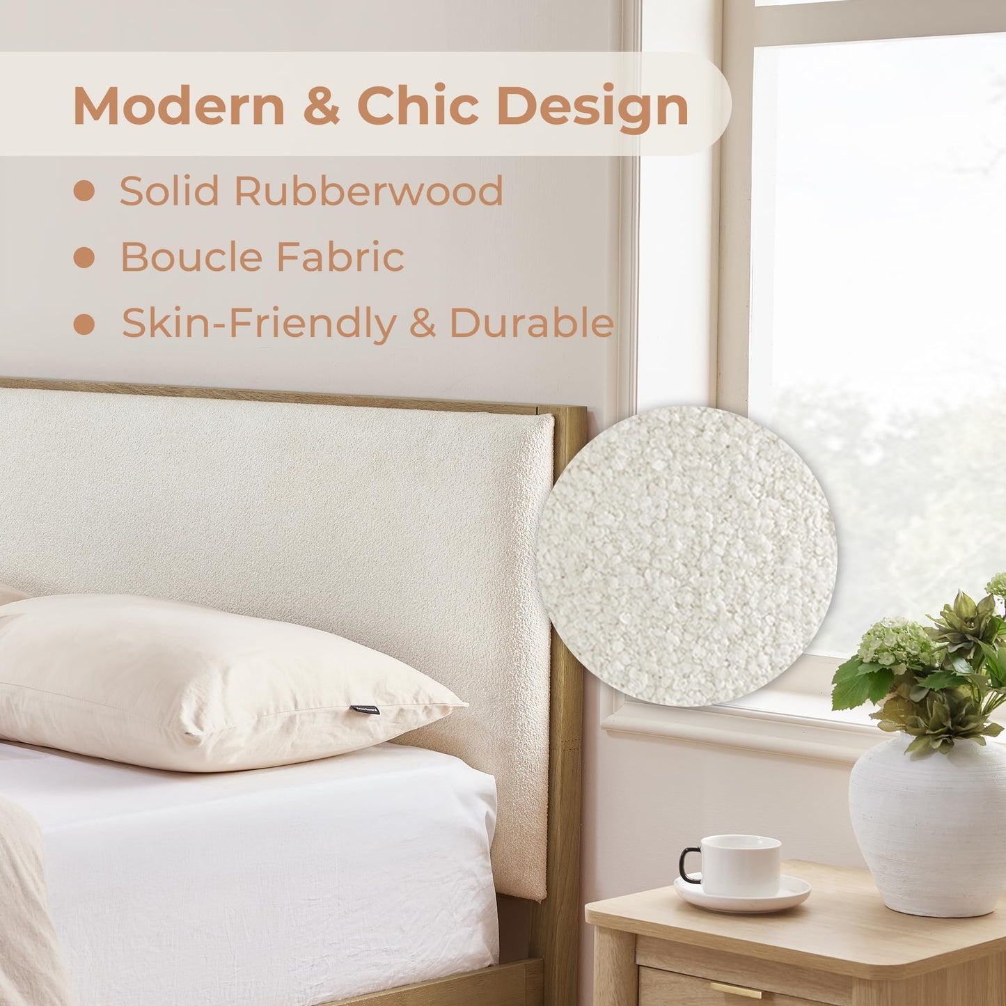CHITA Queen Size Platform Bed Frame, with Boucle Upholstered Headboard and Wooden Slats Support, No Box Spring Required, Easy Assembly, Walnut