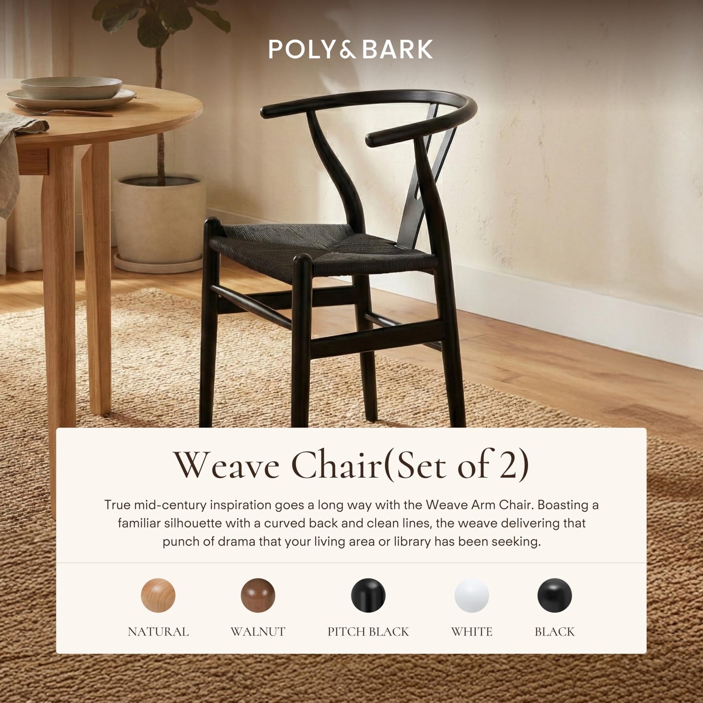 POLY & BARK Weave Dining Chair – Mid-Century Modern Wishbone Dining Chair with Arms, Solid Wood Frame, Indoor Use – Black – Single - Ideal for Dining Room, Kitchen or Stylish Accent Setting
