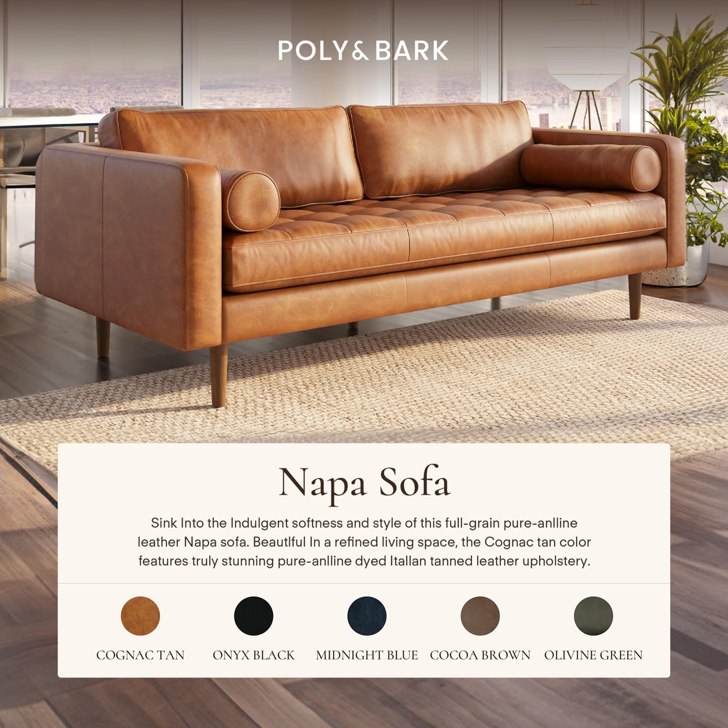 POLY & BARK Napa 82" Leather Pull‑Out Sleeper Sofa – Full‑Grain Italian Leather Upholstery,Tri‑Layer Mattress & Storage Console –Sophisticated Multi‑Functional Sofa Bed for Living Rooms & Guest Spaces
