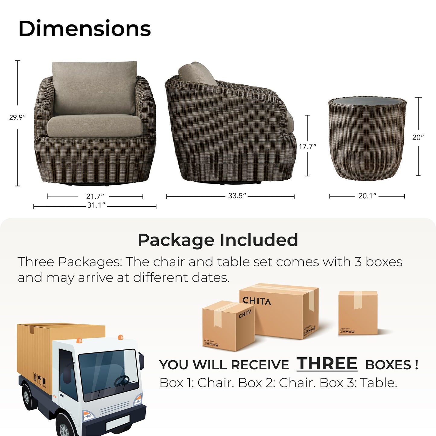 CHITA 5 Pieces Patio Wicker Furniture Set, Outdoor Rattan Bistro Set with Removable Thickened Cushions, Fully Assembled(Beige Cushions with Light Brown Wicker)