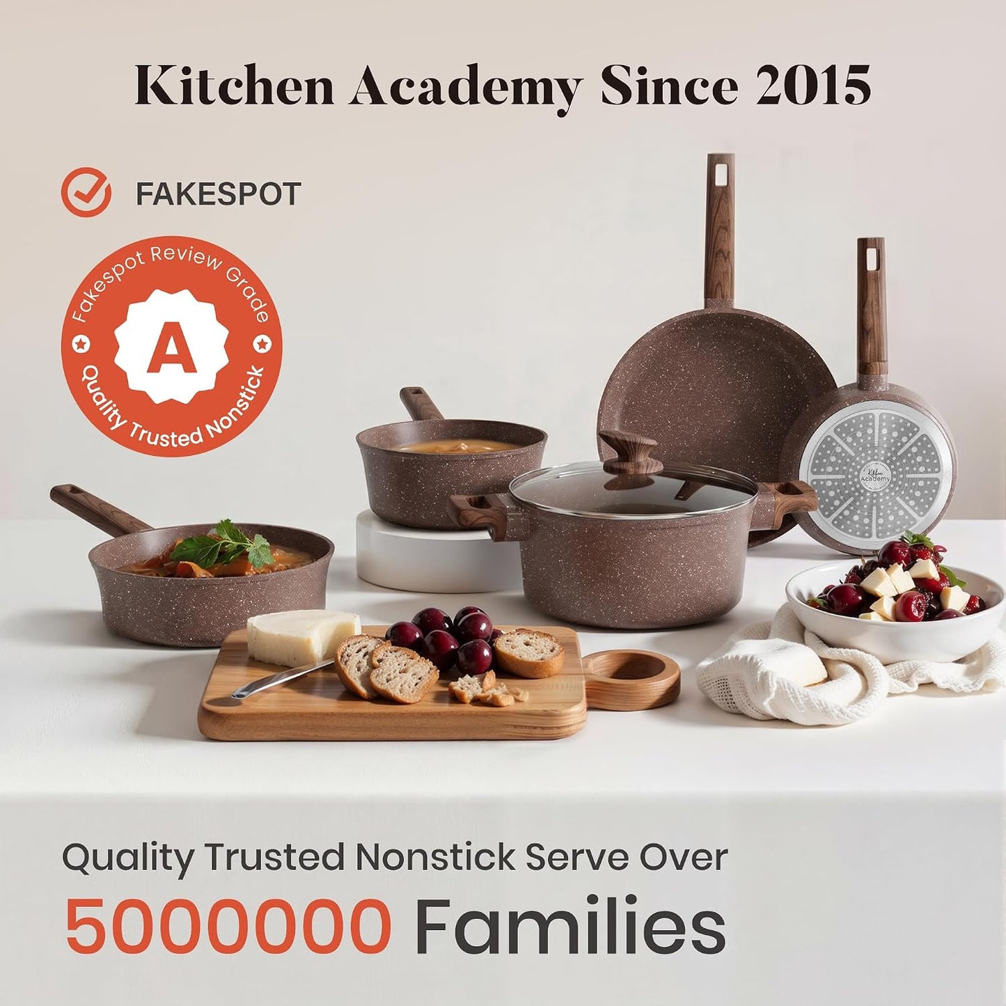 Kitchen Academy 10Pcs Induction Pots & Pans Set Non Stick, Brown | Nonstick Cookware Set, Healthy Non Toxic Cooking Pans and Sets, Easy to Clean, PFOA&PFAS Free