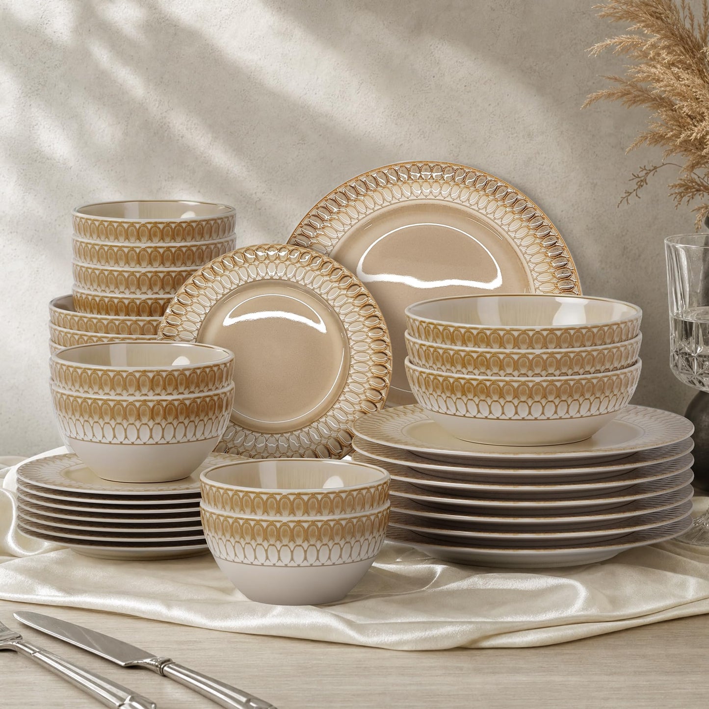 Kitchen Academy Stoneware Dinnerware Sets for 8, Embossed Ceramic Plates and Bowls Set, Beige Dishes