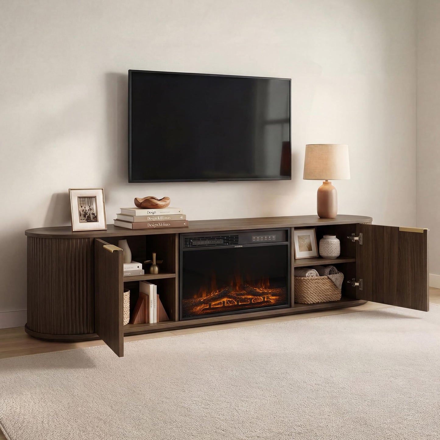 CHITA 70" Fluted TV Stands for Living Room for TVs Up to 80", Mid Century Modern Entertainment Center with Drawers, TV Console for Living Room with Storage and Adjustable Shelves, Walnut
