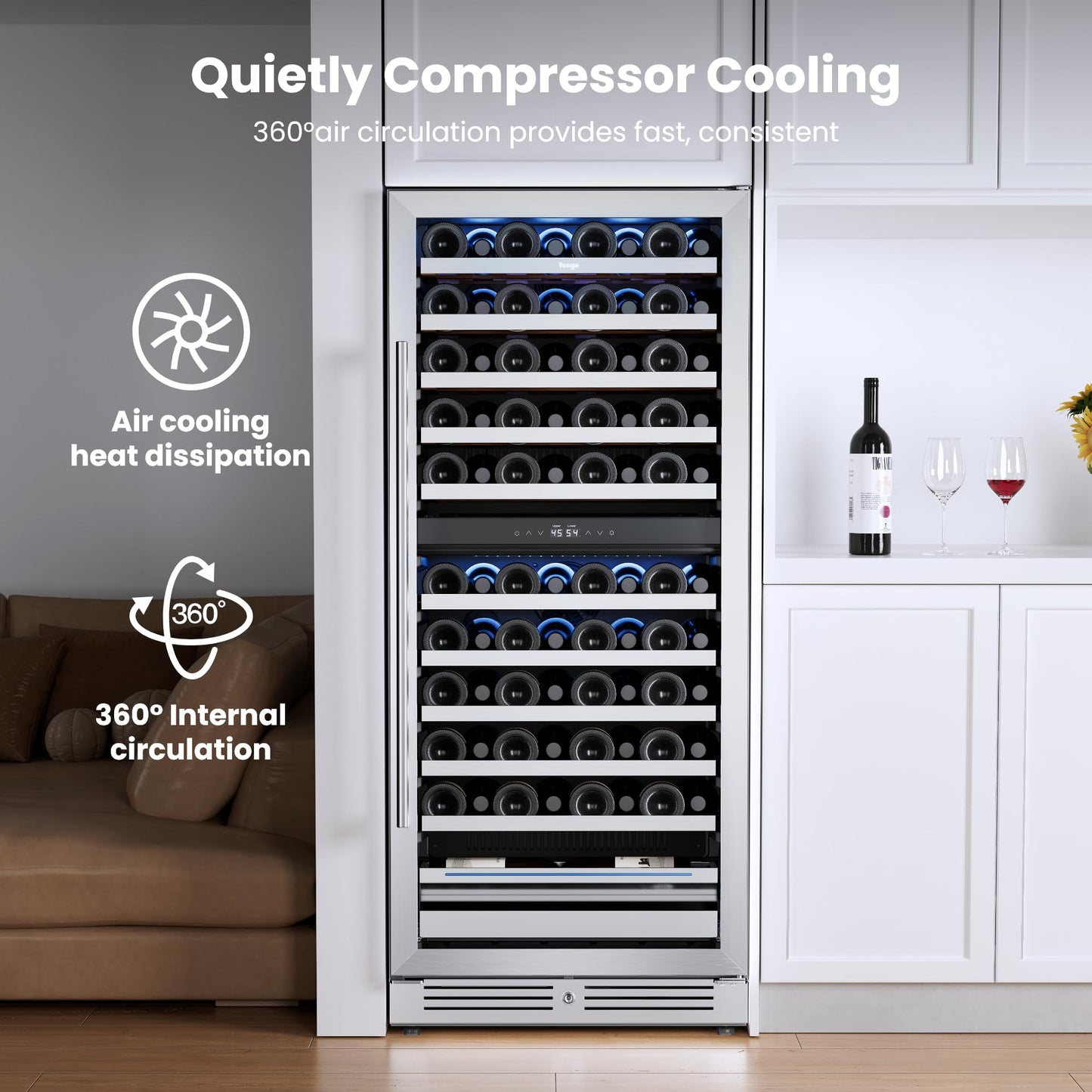 Yeego Wine Fridge Cooler - 24 Inch Dual Zone Wine Fridge Hold 52 Bottles, 40-65°F Wine Refrigerator Glass Door, Built in Fridge, Freestanding Adjustable Shelves Fridge for Beer Soda Drink Home Bar
