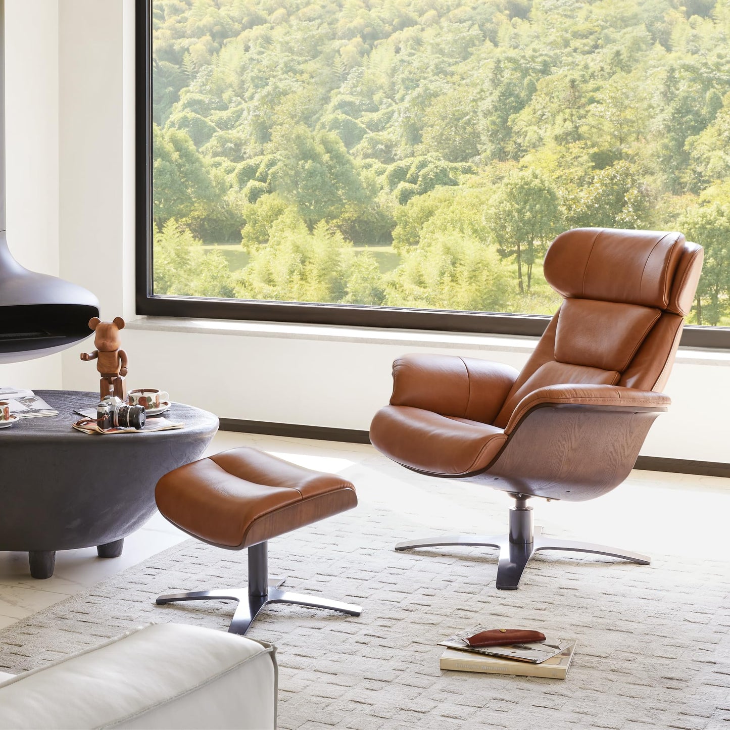 CHITA Genuine Leather Reclining Swivel Chair with Adjustable Headrest and Ottoman for Living Room, Office, Saddle