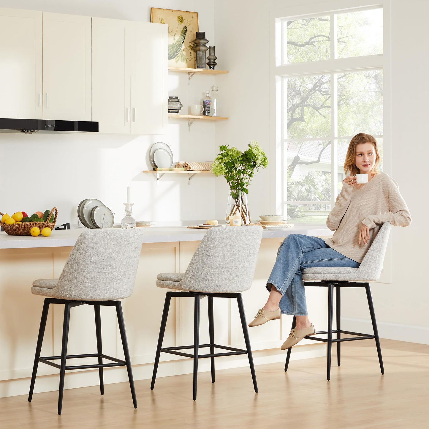 CHITA Swivel Bar Stools, 27.2" Counter Height Bar Stools Set of 3, FSC Certified Upholstered Modern Counter Stools, Metal Legs, Faux Leather, Saddle Brown