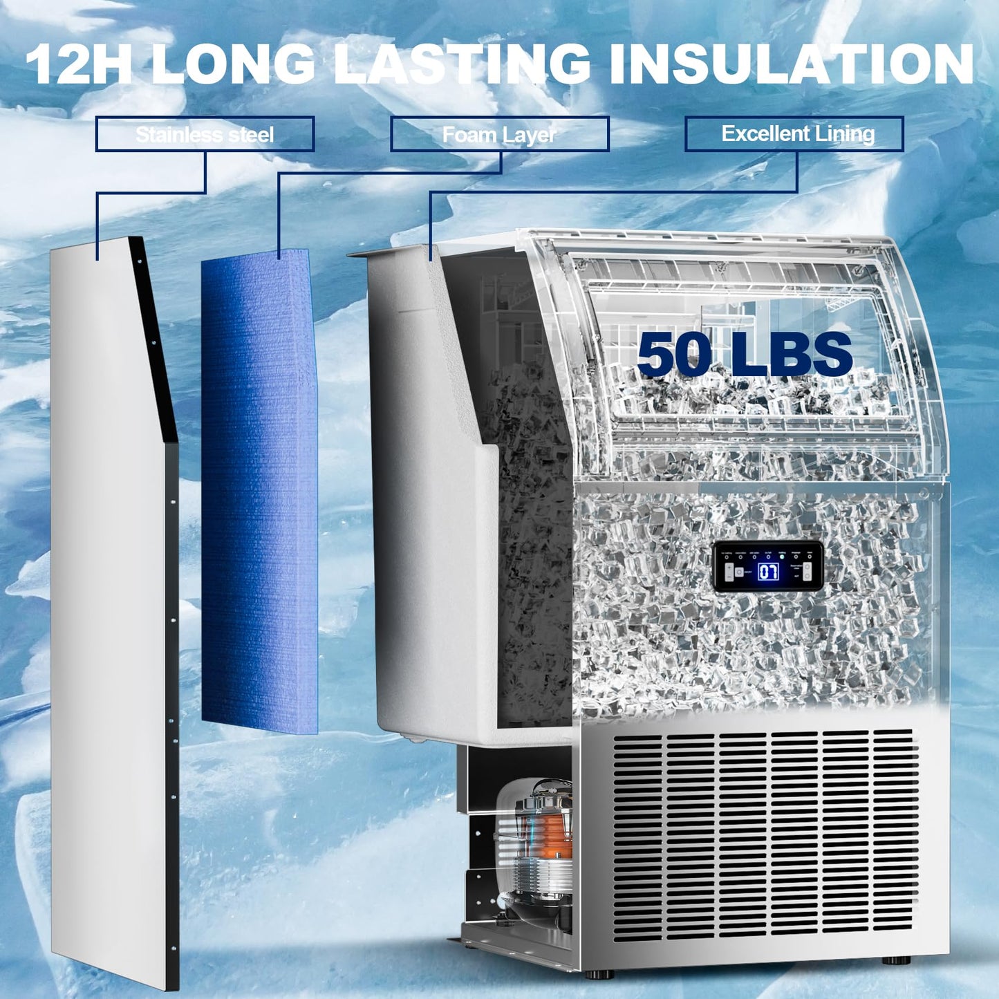 Ice Maker Commercial Countertop Ice Machine 150lbs Per Day Auto-Cleaning, Portable Sonic Ice Maker with Basket and Scoop, for Home Party/RV Camping