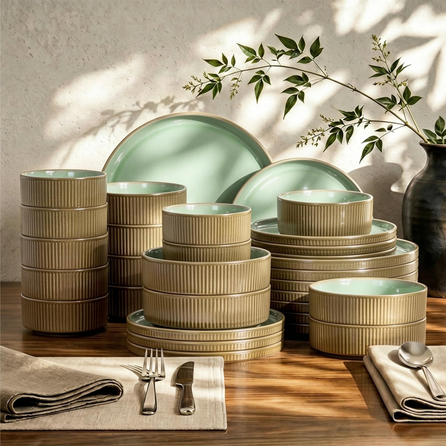 Kitchen Academy Brown Stoneawre Dinnerware Sets for 8, 24Pcs Ceramic Non Toxic Plates and Bowls Sets, Scratch Resistant Dishes, Oven & Microwave Safe