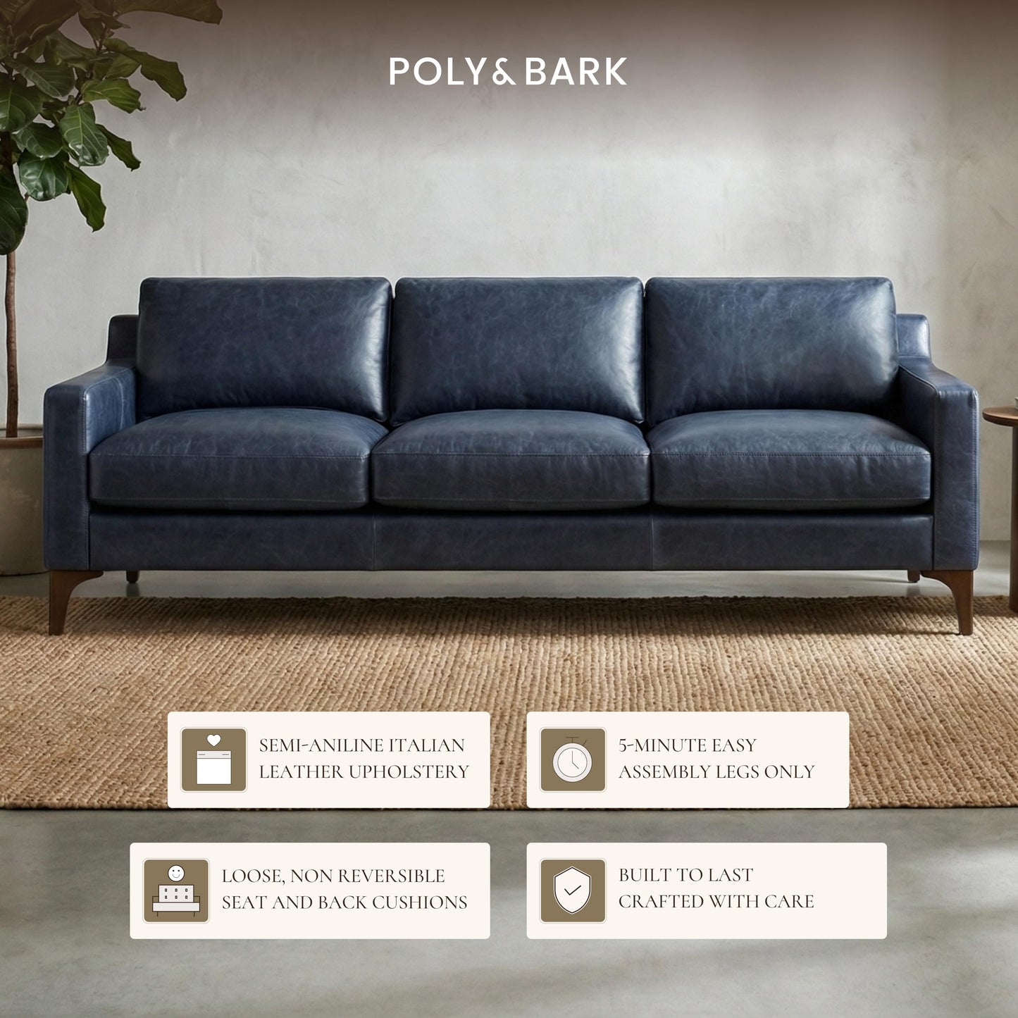 POLY & BARK Sorrento 86" Sofa – Cognac Tan Full-Grain Pure-Aniline Italian Leather, Feather-Down Cushions, Solid Wood Frame & Walnut Legs