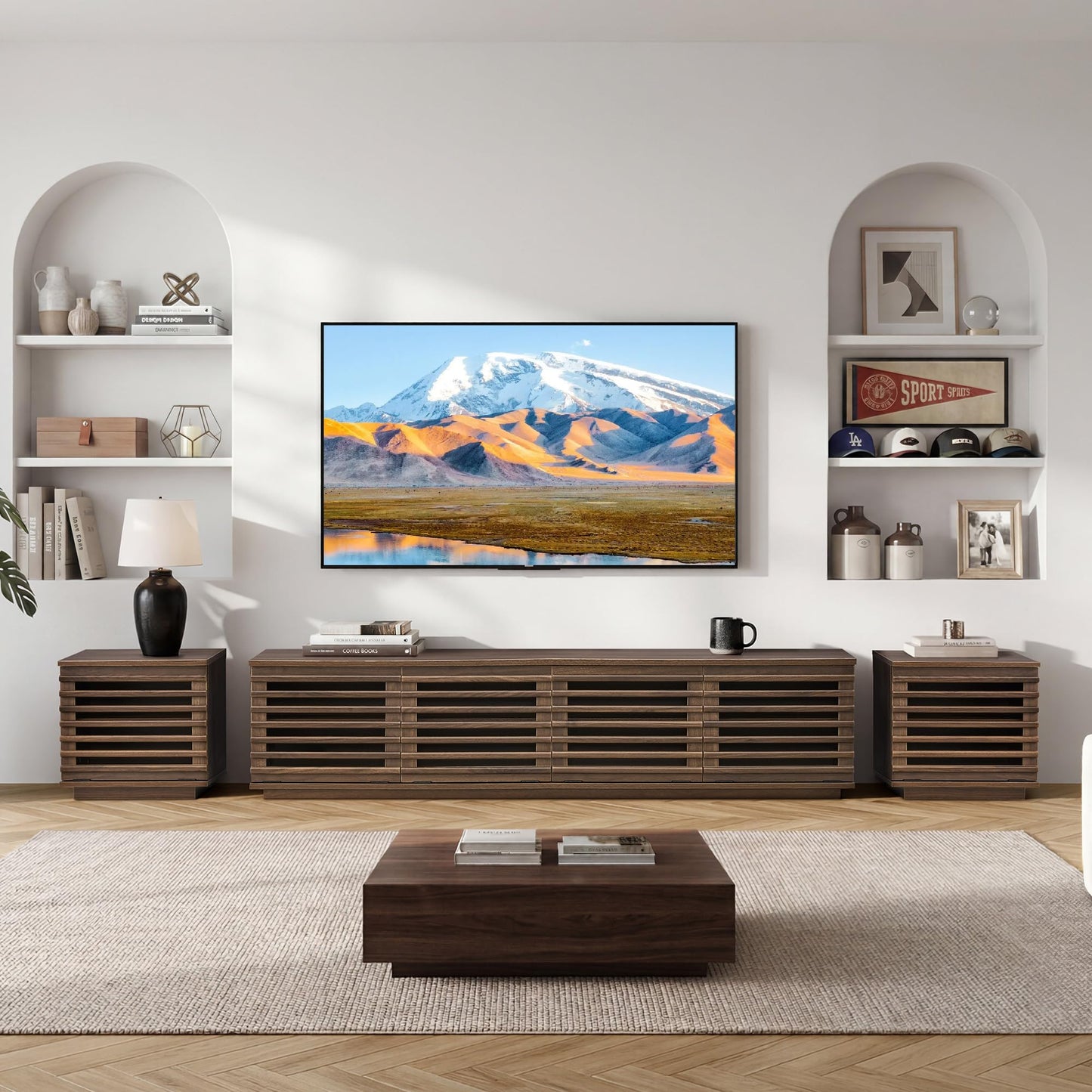CHITA 70" Modern TV Stands with LED Light for TVs Up to 75 inches, Low Profile Entertainment Center with 4 Flip-Down Door & Fluted Details, TV Media Console for Living Room, Black