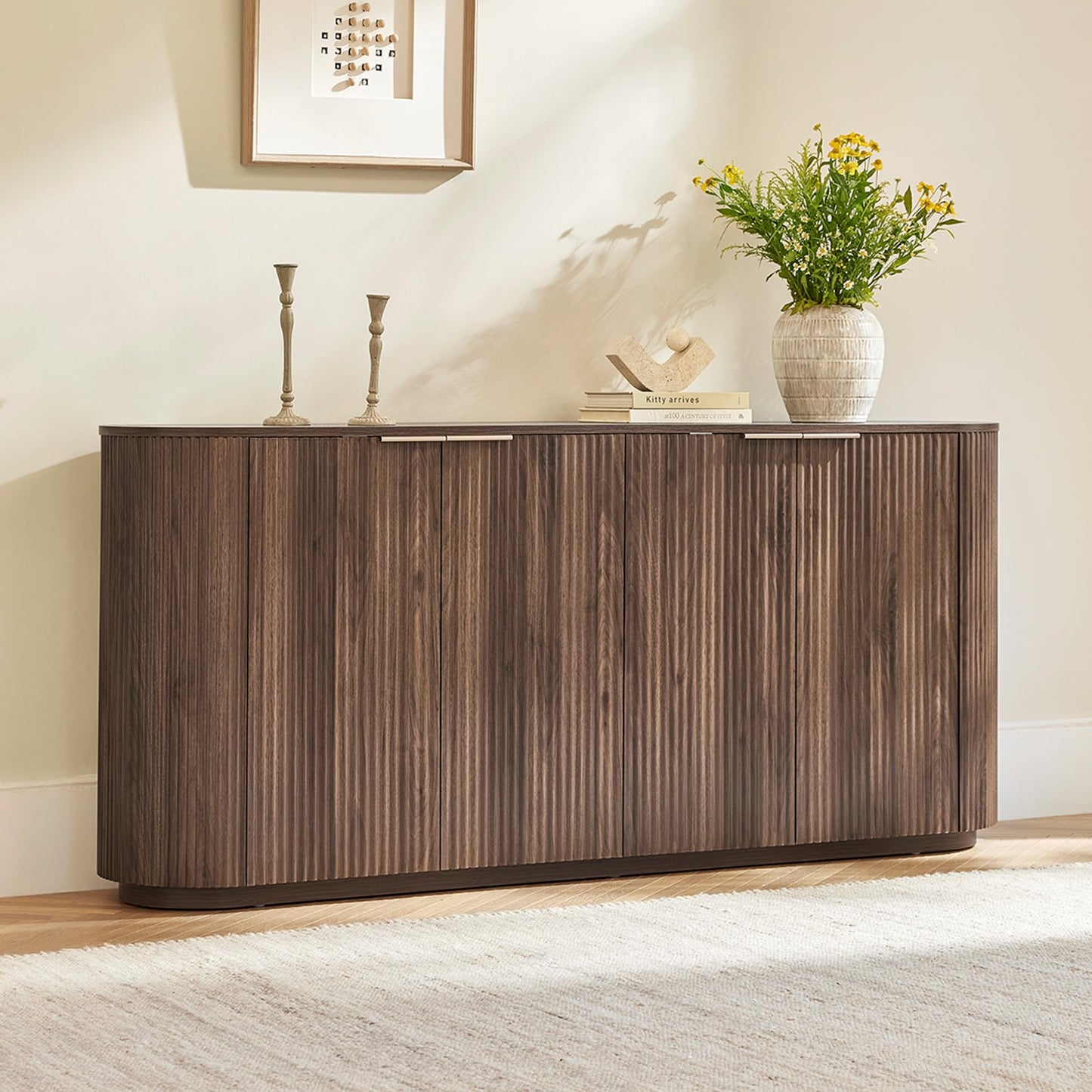 CHITA 70" Sideboard Buffet Cabinet with Storage, Fluted Accent Cabinet with Doors and Adjustable Shelves, Media Console for Living Room, Bar, Kitchen, 32" H, Walnut