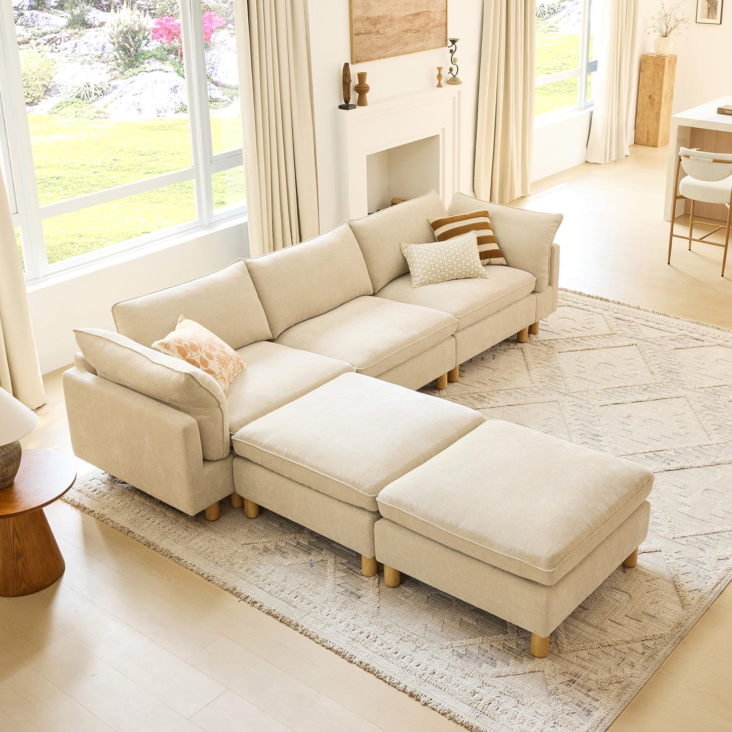 CHITA 127" Super Large Sectional Couches for Living Room, Modular Cloud Couch Sectional Sofa, Premium Fabric Couches, Down Filled, High Density Foam, Chenille in Cream, 4 Seat L Shaped