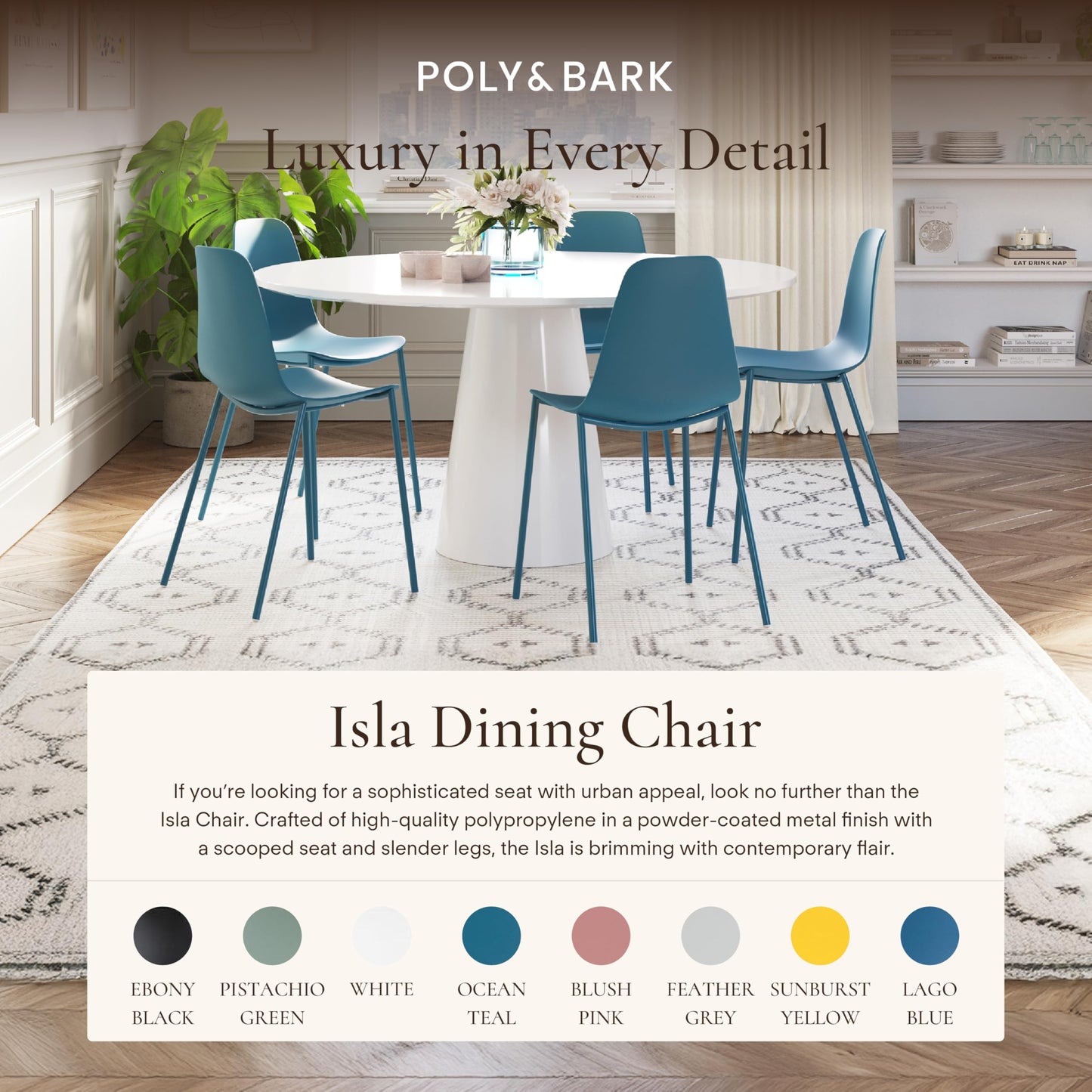 POLY & BARK Isla Modern Dining Chairs Set of 4 – Mid Century Modern Plastic Dining Chair with Metal Legs – Kitchen & Dining Room Chairs – Indoor/Outdoor – White