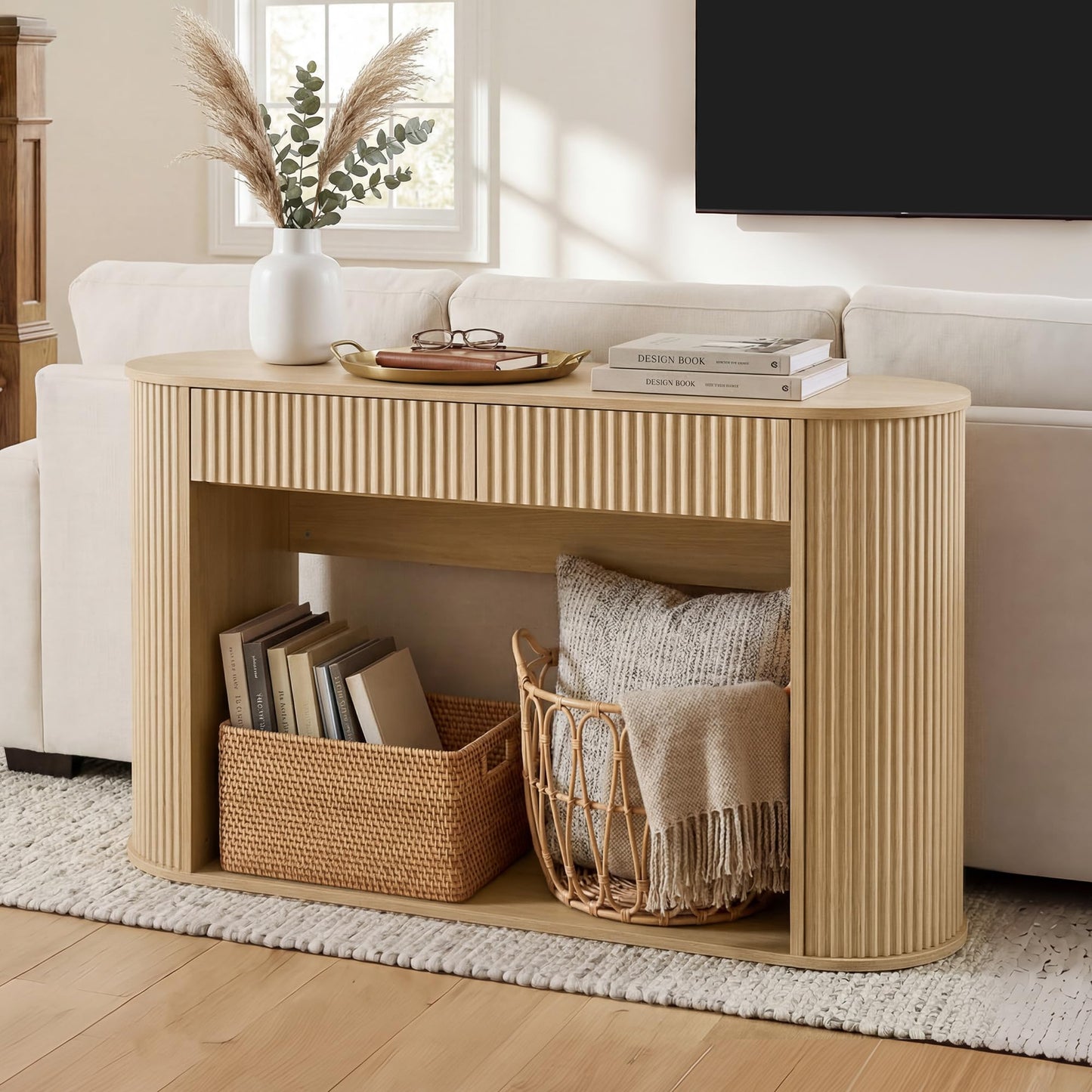 CHITA 47-Inch Fluted Console Table with 2 Drawers，Farmhouse Entryway Table for Behind Couch for Living Room, Hallway, Foyer, Entrance,Walnut