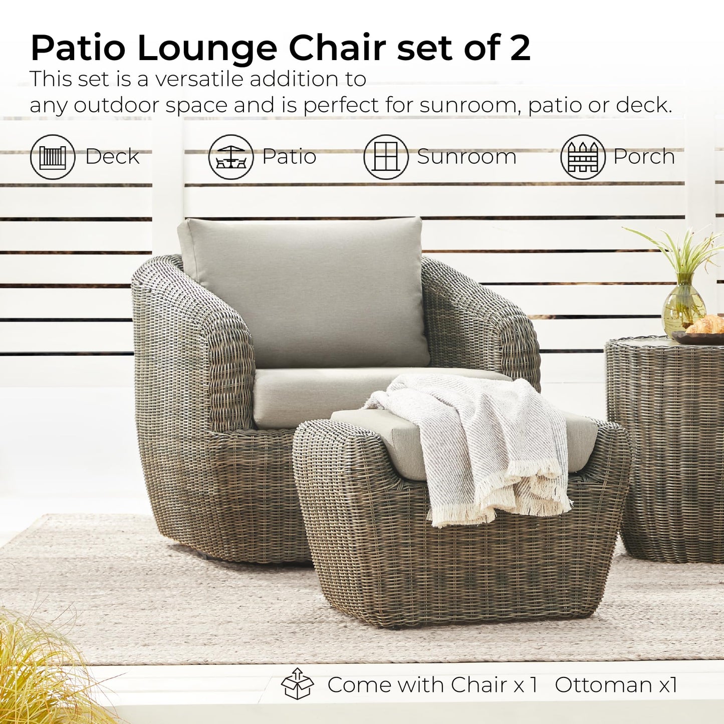 CHITA 5 Pieces Patio Wicker Furniture Set, Outdoor Rattan Bistro Set with Removable Thickened Cushions, Fully Assembled(Beige Cushions with Light Brown Wicker)