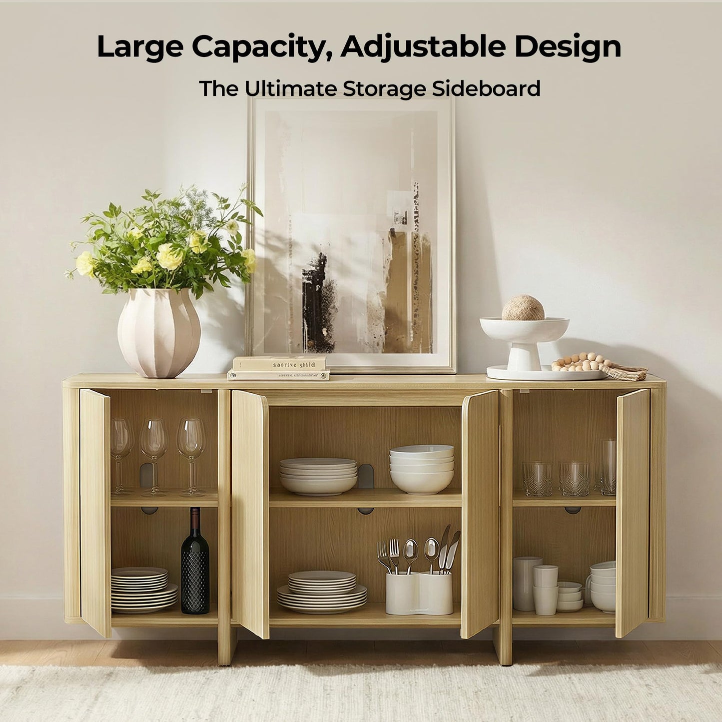 CHITA 66" Sideboard Buffet Cabinet with Storage, Modern Console Cabinet with 4 Doors & Adjustable Shelves, Storage Credenzas for Living Room, Kitchen, Hallway, Bar, Walnut