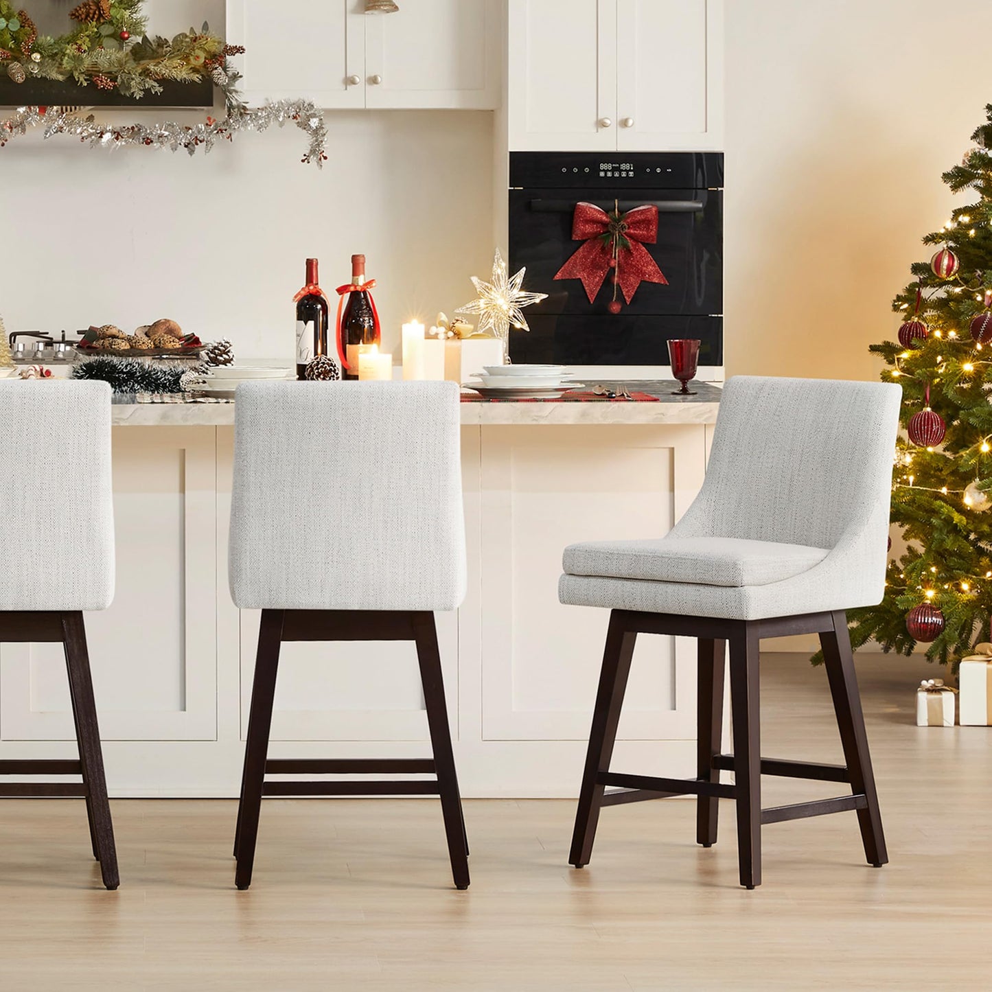 CHITA Bar Height Swivel Barstool with Back Set of 2, FSC Certified Upholstered Bar Stool, 30.7" H Seat Height, Fabric in Ivory