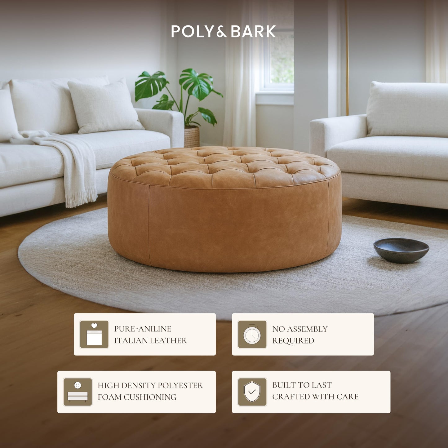 POLY & BARK Denver Ottoman – 43" Large Pouf with Feather-Down Topper – Full-Grain Leather Upholstered Pouf Ottoman for Living Room – Vintage Italian Leather in Cognac Tan