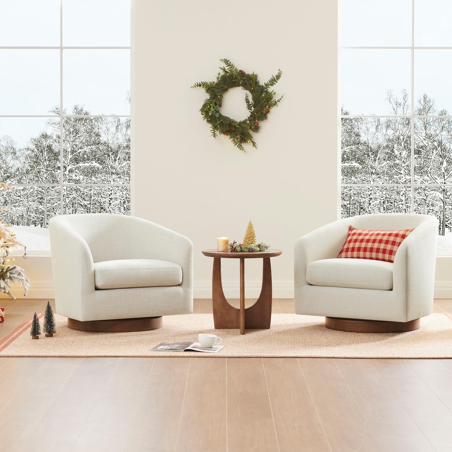 CHITA Swivel Accent Chair Set of 2, Fully Assembled Fabric Barrel Armchair with FSC Certified Upholstered for Living Room, Bedroom and Office, Flax Beige