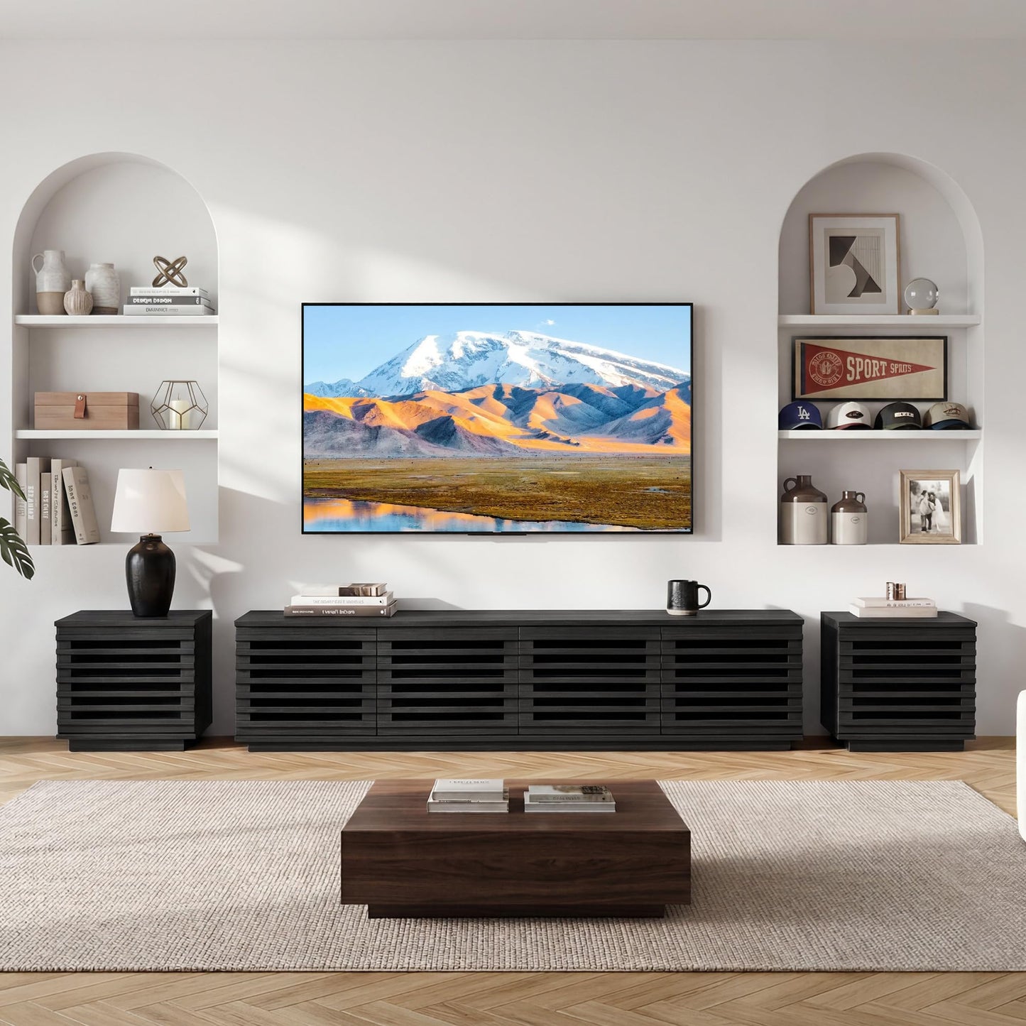 CHITA 70" Modern TV Stands with LED Light for TVs Up to 75 inches, Low Profile Entertainment Center with 4 Flip-Down Door & Fluted Details, TV Media Console for Living Room, Black