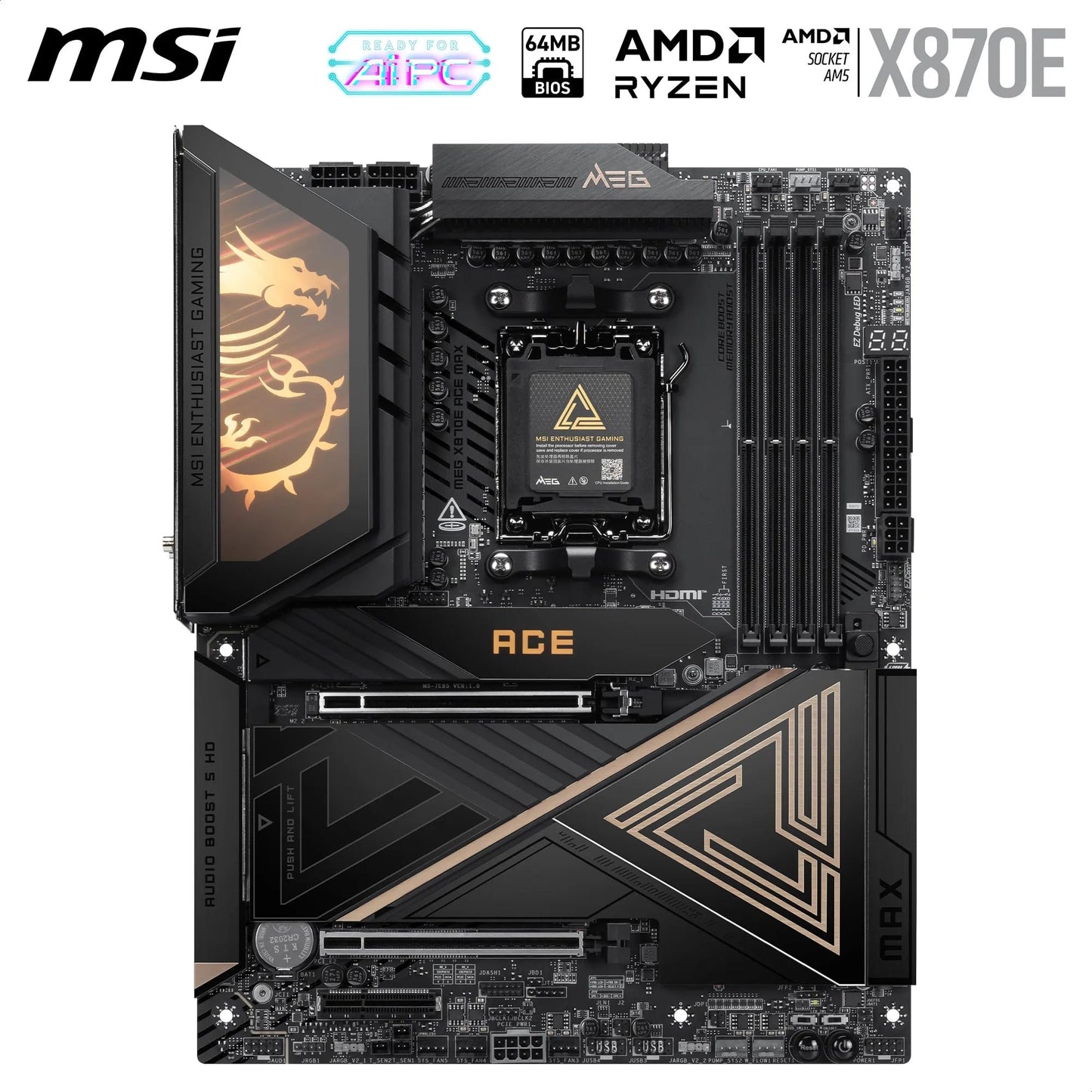MSI MPG X870E Carbon WiFi Gaming Motherboard (AMD Ryzen 9000/8000/7000 Series Processors, AM5, DDR5, PCIe 5.0, M.2 Gen5, SATA 6Gb/s, USB 40Gbps, HDMI, Wi-Fi 7, Bluetooth 5.4, 5Gbps LAN, ATX)