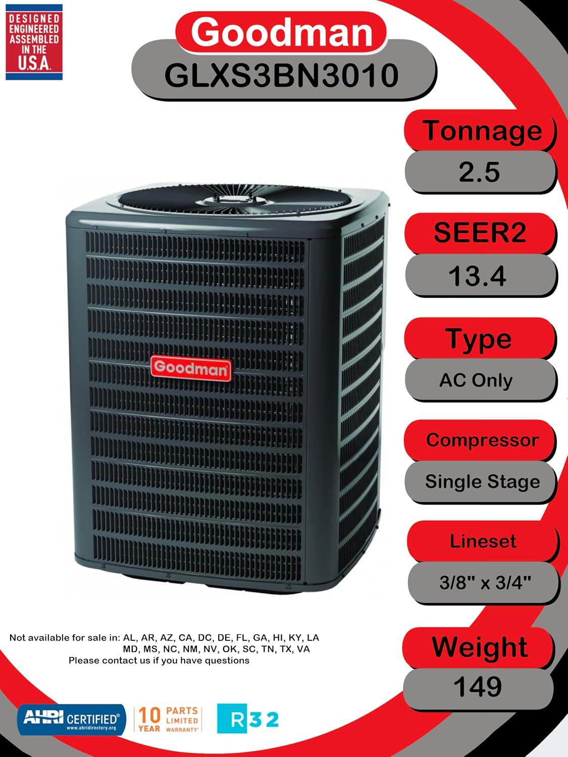 Goodman 2.5 Ton 13.4 SEER2 80% AFUE 40,000 BTU R-32 Air Conditioner & Gas Furnace System (GLXS3BN3010, CAPTA3022A3, GD9S800403AN)