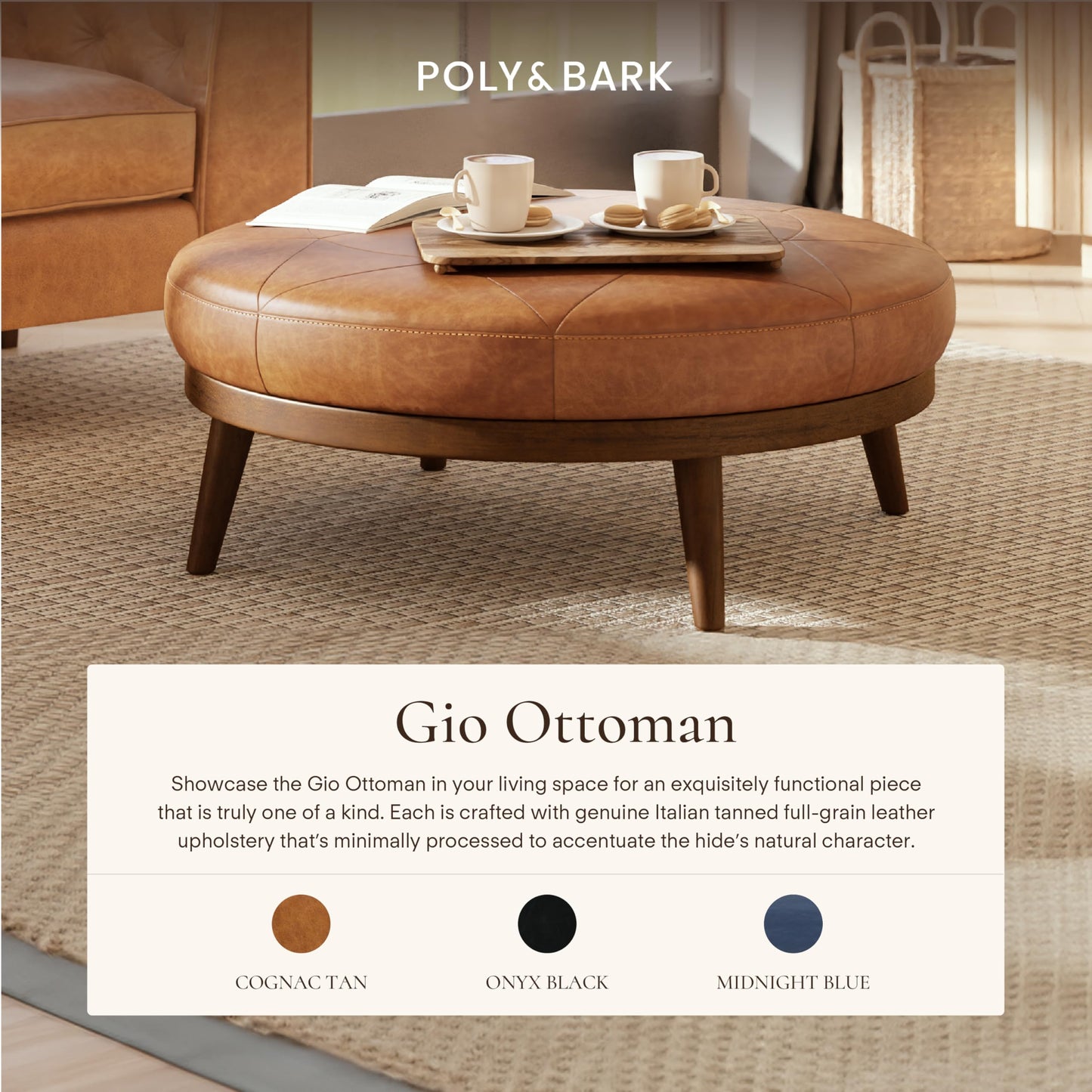 POLY & BARK Denver Ottoman – 43" Large Pouf with Feather-Down Topper – Full-Grain Leather Upholstered Pouf Ottoman for Living Room – Vintage Italian Leather in Cognac Tan