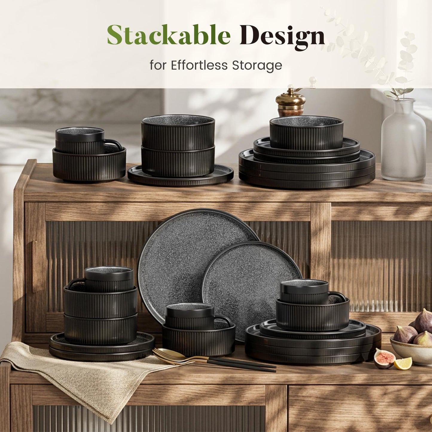 Kitchen Academy Brown Stoneawre Dinnerware Sets for 8, 24Pcs Ceramic Non Toxic Plates and Bowls Sets, Scratch Resistant Dishes, Oven & Microwave Safe