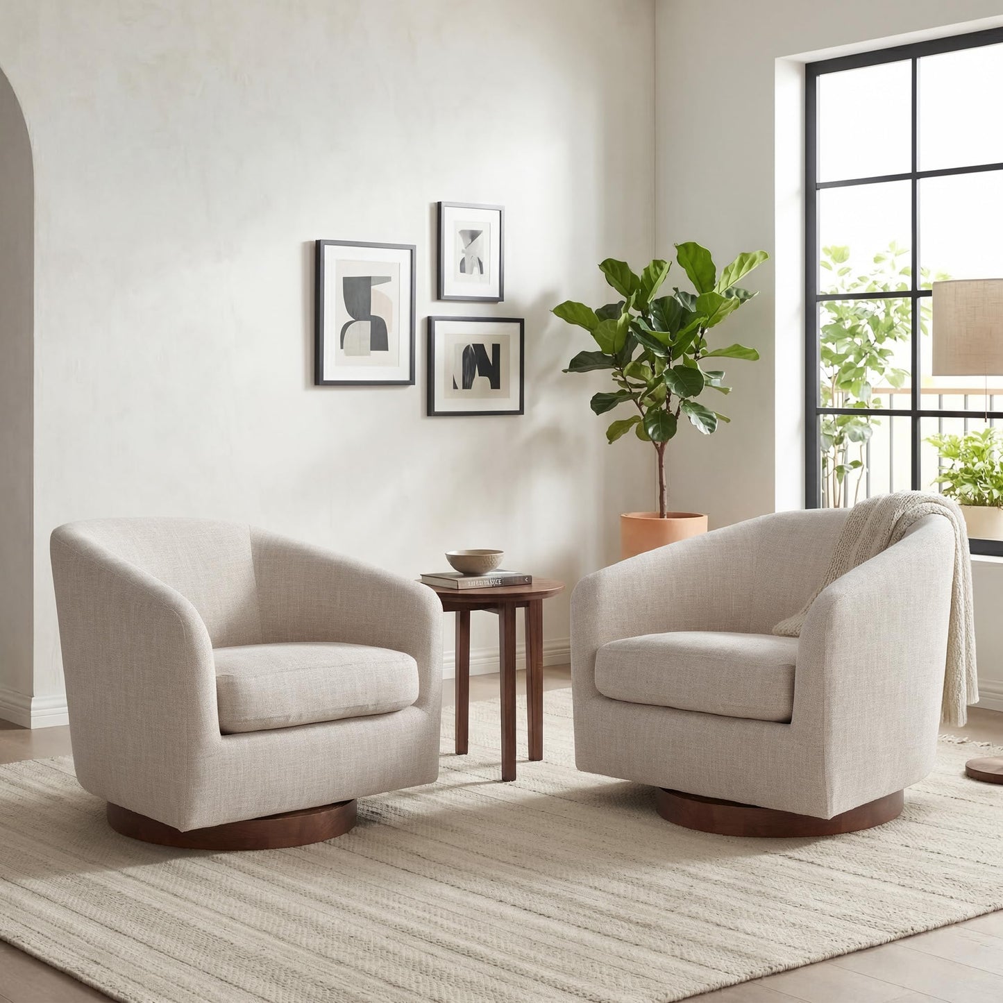 CHITA Swivel Accent Chair Set of 2, Fully Assembled Fabric Barrel Armchair with FSC Certified Upholstered for Living Room, Bedroom and Office, Flax Beige