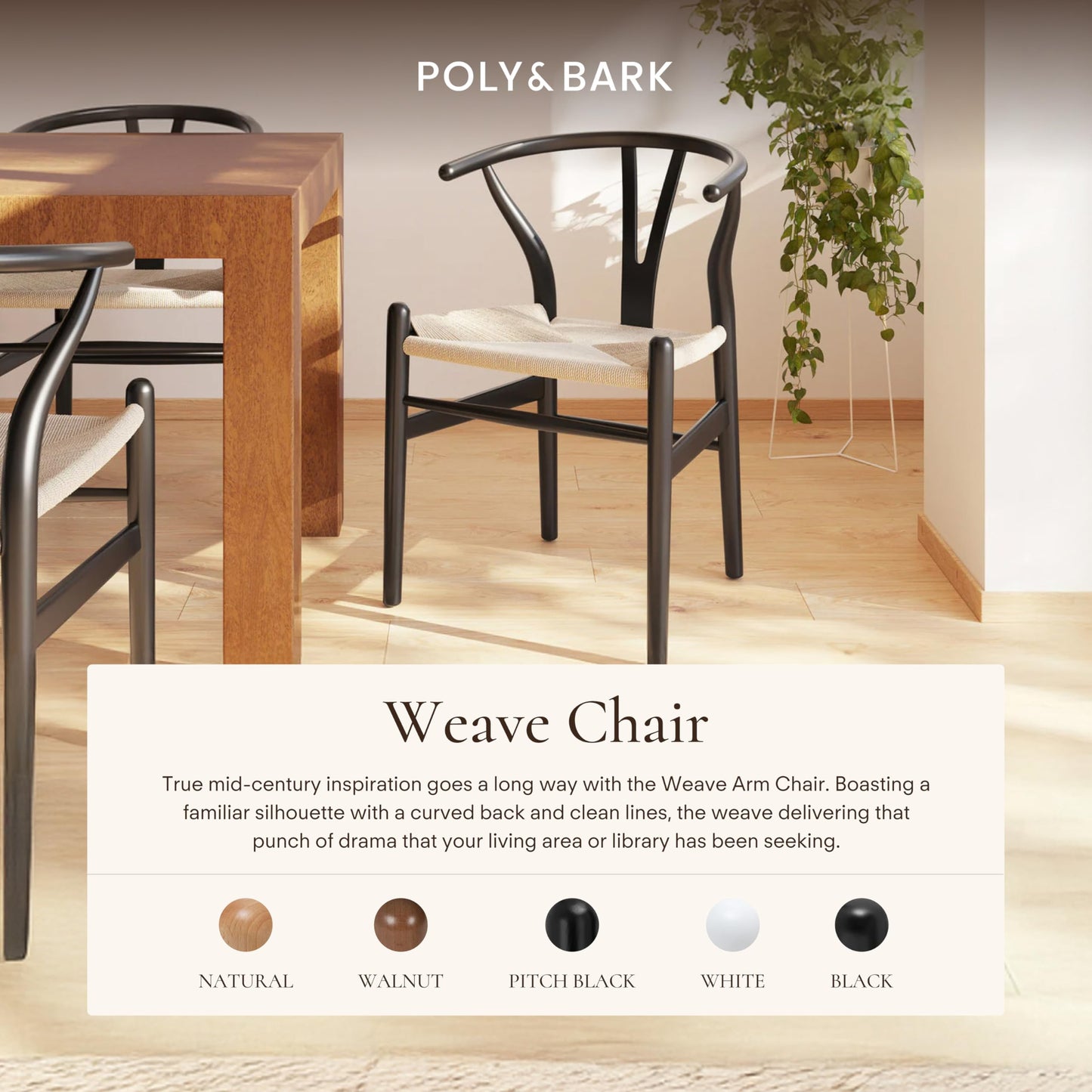 POLY & BARK Weave Dining Chair – Mid-Century Modern Wishbone Dining Chair with Arms, Solid Wood Frame, Indoor Use – Black – Single - Ideal for Dining Room, Kitchen or Stylish Accent Setting