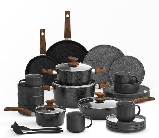 Kitchen Academy 12Pcs Granite Cookware Set + 16 Pcs Stoneware Dinnerware Sets for 4
