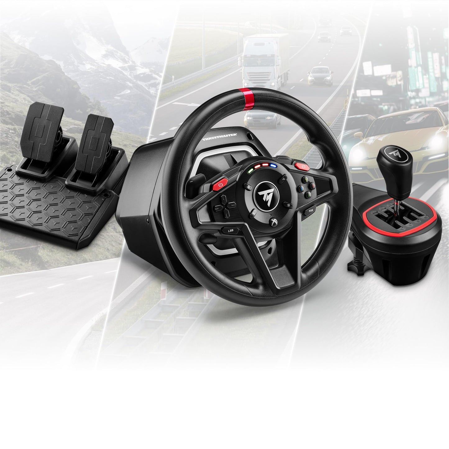 Thrustmaster T128 P Force Feedback Racing Wheel & Pedal Set - PS5 & PC | Magnetic paddle shifters, 900-degree rotation, hybrid drive, quick-attach desk clamp, for sim driving, farming & truck games