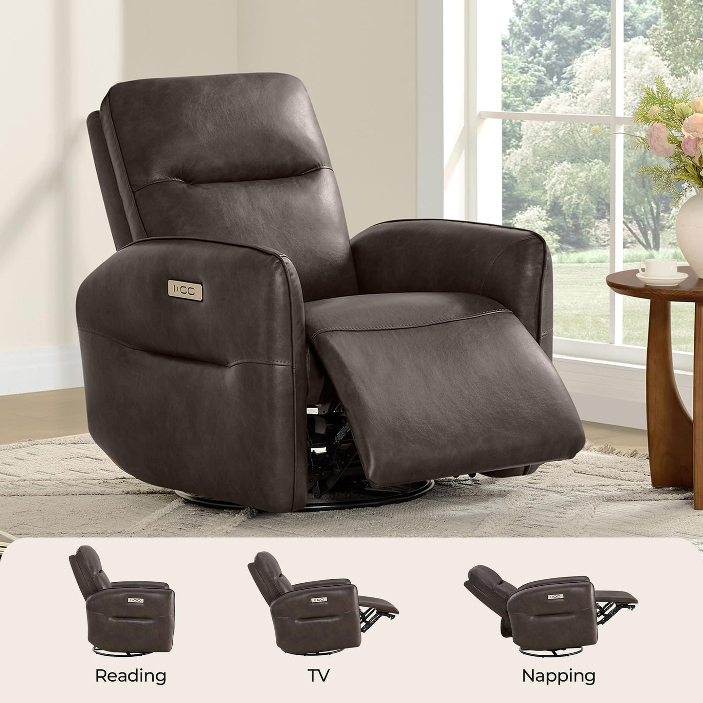 CHITA Faux Leather Power Recliner Chair, Swivel Glider Recliner for Adults, Nursery Rocking Chair with USB & Type-C Charging for Living Room, Bedroom, Creamy Grey