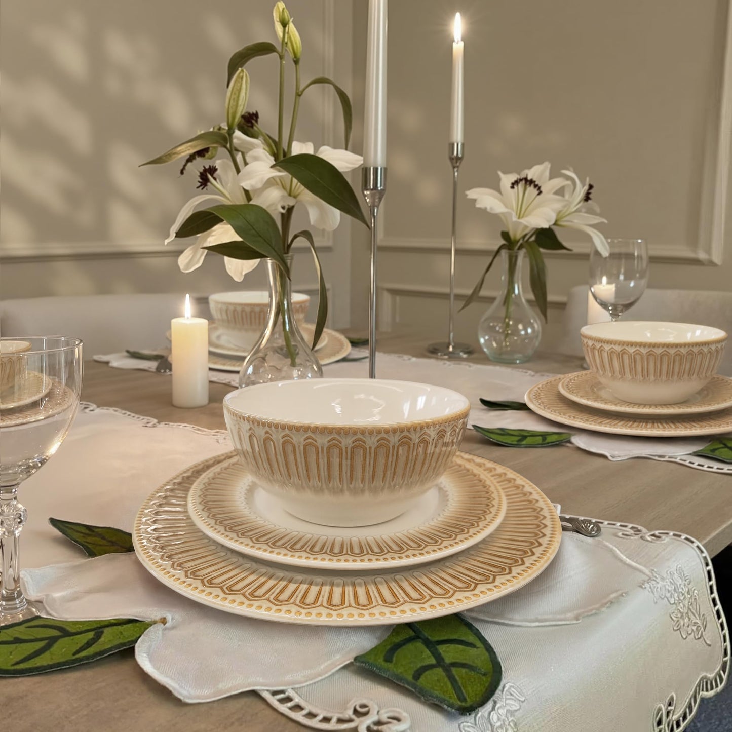 Kitchen Academy Stoneware Dinnerware Sets for 8, Embossed Ceramic Plates and Bowls Set, Beige Dishes