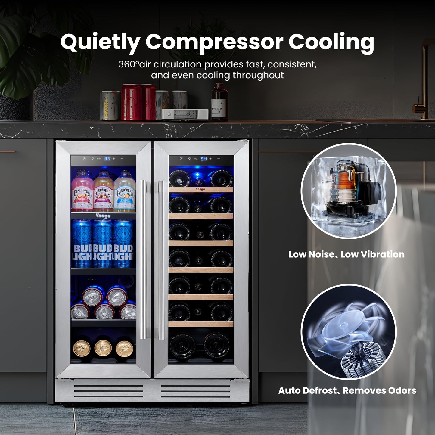 Yeego 24-Inch Beverage Refrigerator, Built-In or Freestanding Beverage Cooler, Up to 180 Cans, Glass Door Mini Fridge for Soda, Beer, Water & Wine (Left-Hinged)