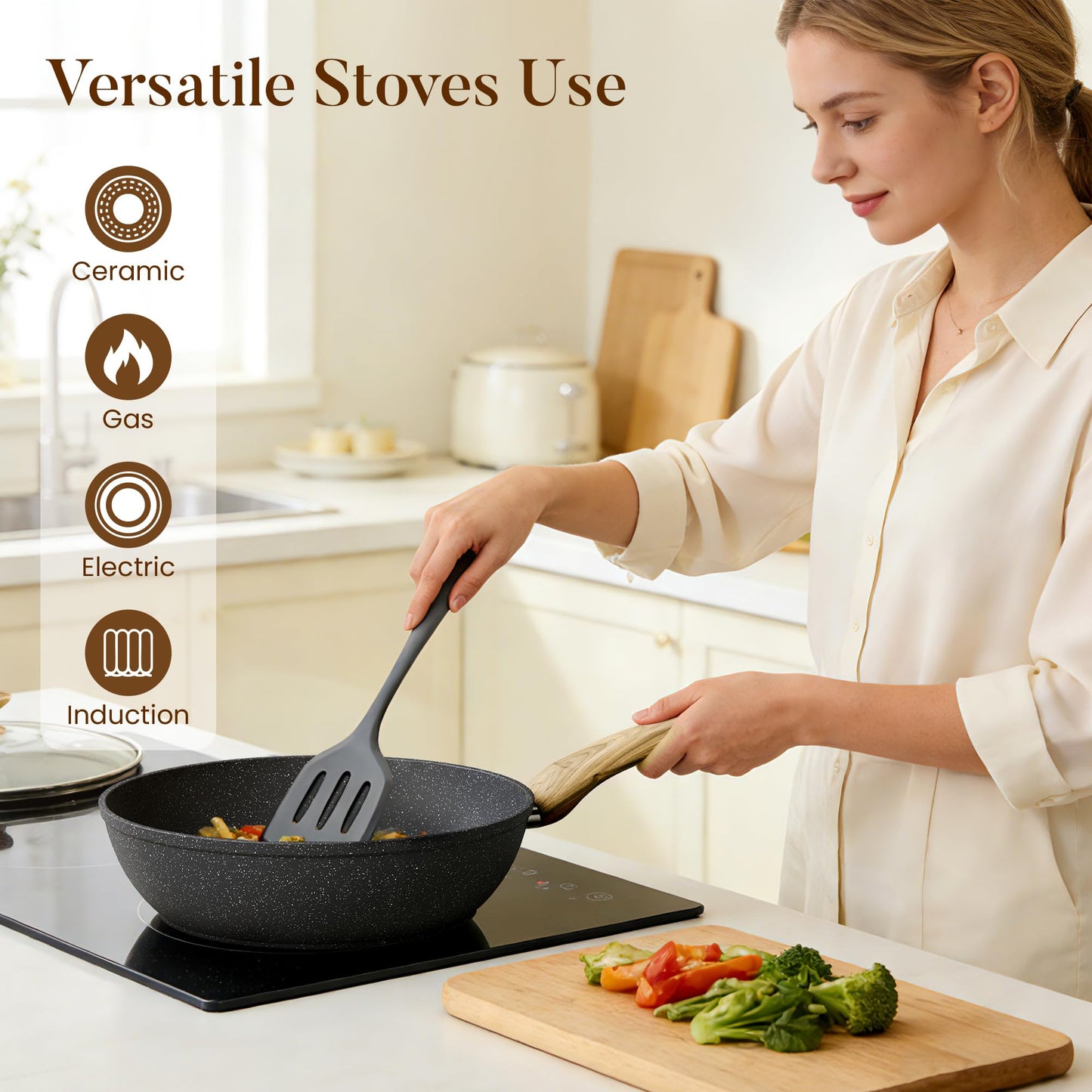 Kitchen Academy Induction Cookware Sets - 12 Piece Pots and Pans Set Non Stick, Black Granite Nonstick Cooking Pan Set(PFOS, PFOA Free)
