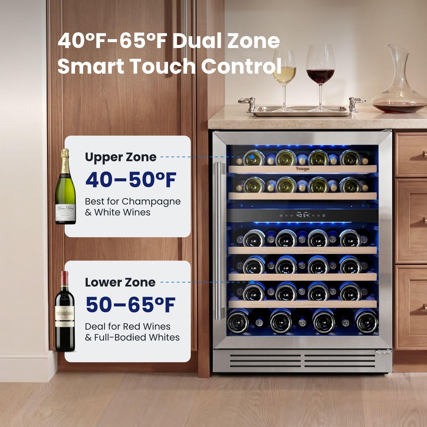 Yeego 24 Inch Wine Fridge Cooler - 52 Bottles Wine Cooler with Glass Door, 40-65℉ Built-In or Freestanding Refrigerator, Under Counter Wine Fridge for Kitchen Bar Office (Left-Hinged)