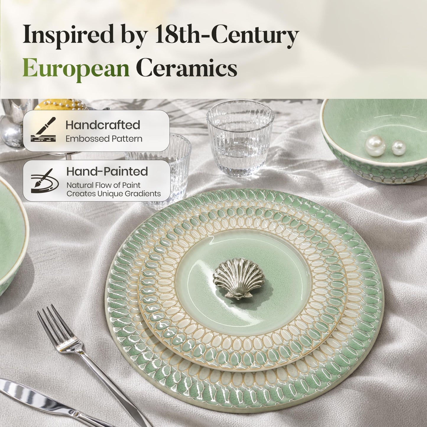 Kitchen Academy Stoneware Dinnerware Sets for 8, Embossed Ceramic Plates and Bowls Set, Beige Dishes