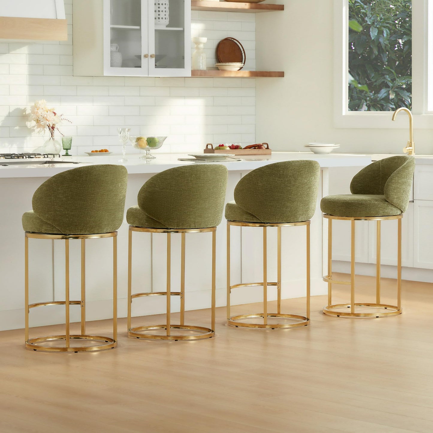 CHITA Swivel Counter Height Bar Stools Set of 3, Upholstered Bar Chairs with Backrest, Sturdy Metal Base, 26.8" Seat Height for Kitchen Island & Home Bar, Sand