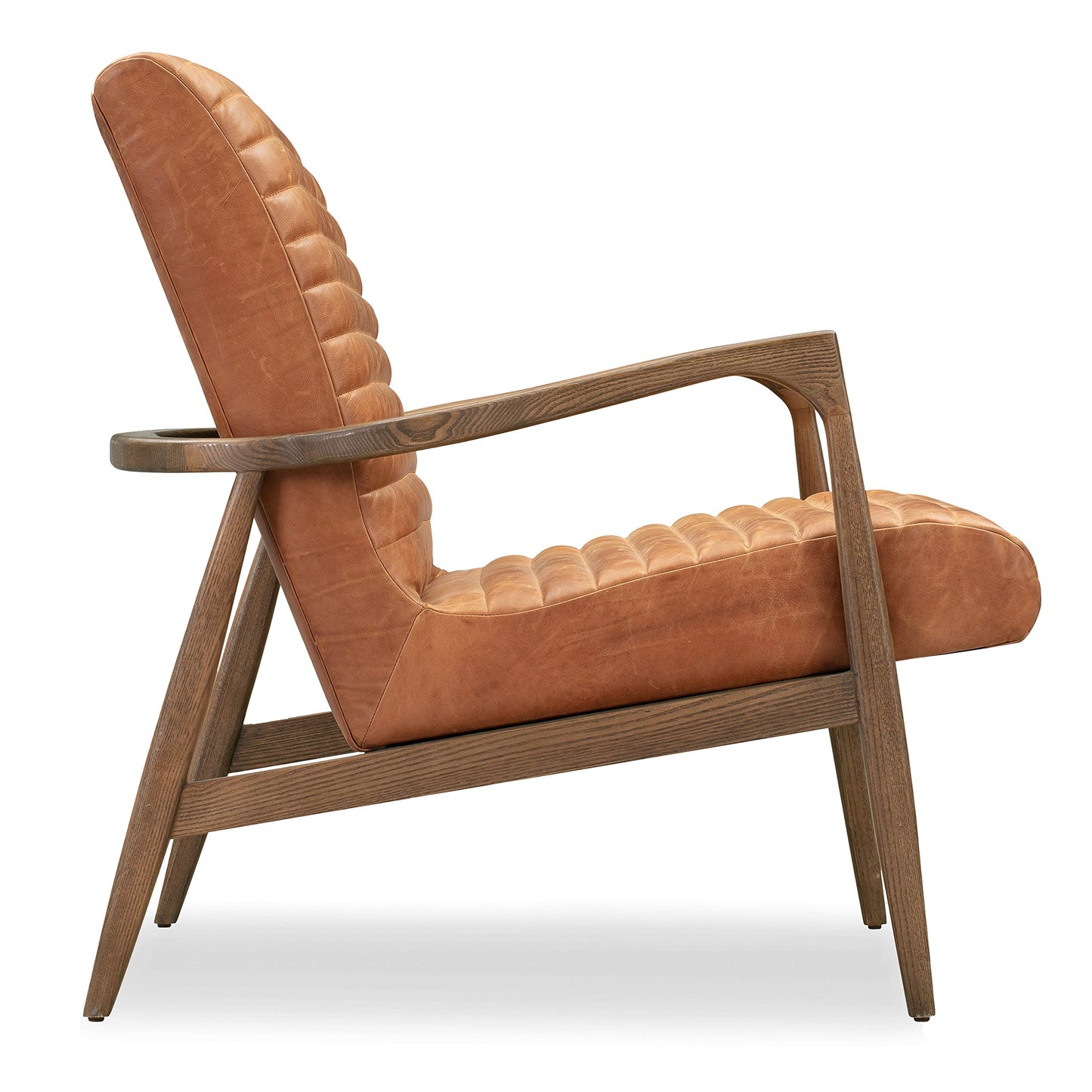 Poly & BARK Rowan Lounge Chairs Set of 2 – Mid Century Modern Leather Armchairs with Ribbed Seat and Solid Ash Wood Frame, Cognac Tan
