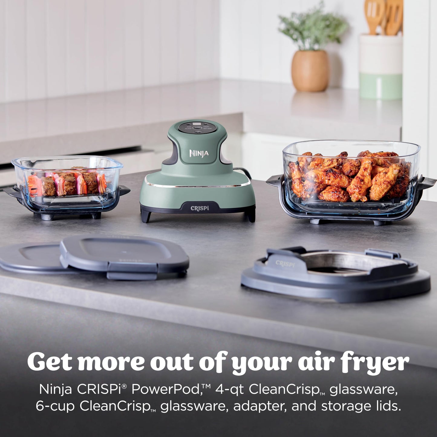 Ninja Crispi 4 in 1 Glass Air Fryer, 450°F, Non Toxic, 4QT and 6 Cup Containers with Lids, Dishwasher Safe, Stone, 1 Count, FN101ST