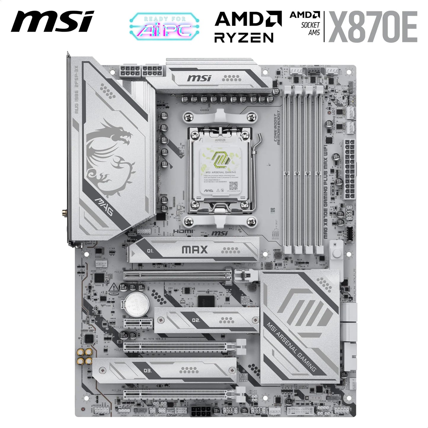 MSI MPG X870E Carbon WiFi Gaming Motherboard (AMD Ryzen 9000/8000/7000 Series Processors, AM5, DDR5, PCIe 5.0, M.2 Gen5, SATA 6Gb/s, USB 40Gbps, HDMI, Wi-Fi 7, Bluetooth 5.4, 5Gbps LAN, ATX)