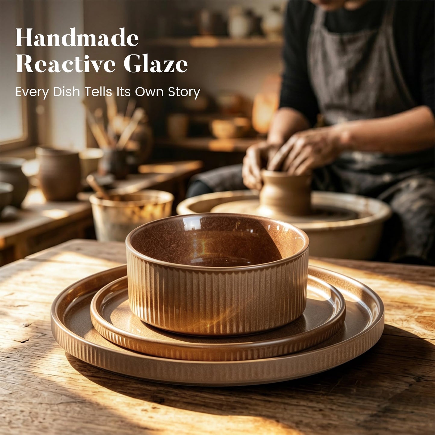 Kitchen Academy Brown Stoneawre Dinnerware Sets for 8, 24Pcs Ceramic Non Toxic Plates and Bowls Sets, Scratch Resistant Dishes, Oven & Microwave Safe