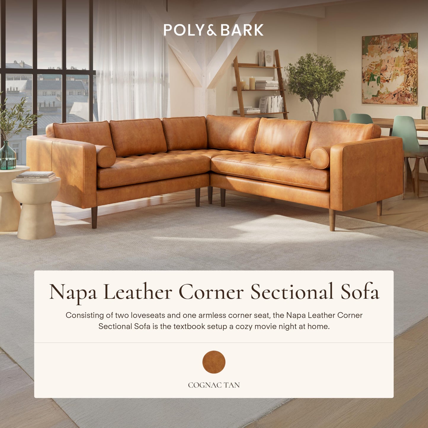 POLY & BARK Napa 82" Leather Pull‑Out Sleeper Sofa – Full‑Grain Italian Leather Upholstery,Tri‑Layer Mattress & Storage Console –Sophisticated Multi‑Functional Sofa Bed for Living Rooms & Guest Spaces