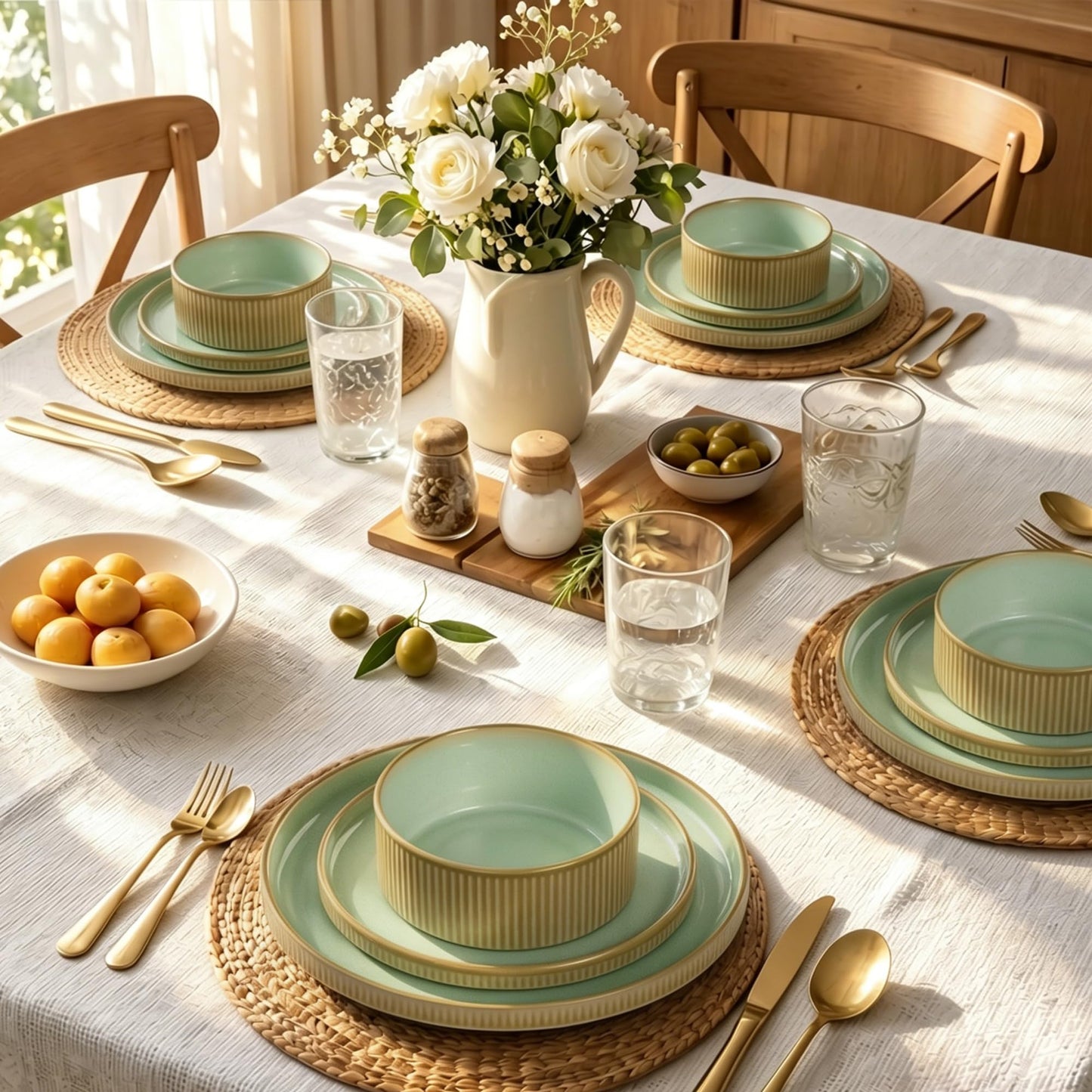 Kitchen Academy Brown Stoneawre Dinnerware Sets for 8, 24Pcs Ceramic Non Toxic Plates and Bowls Sets, Scratch Resistant Dishes, Oven & Microwave Safe