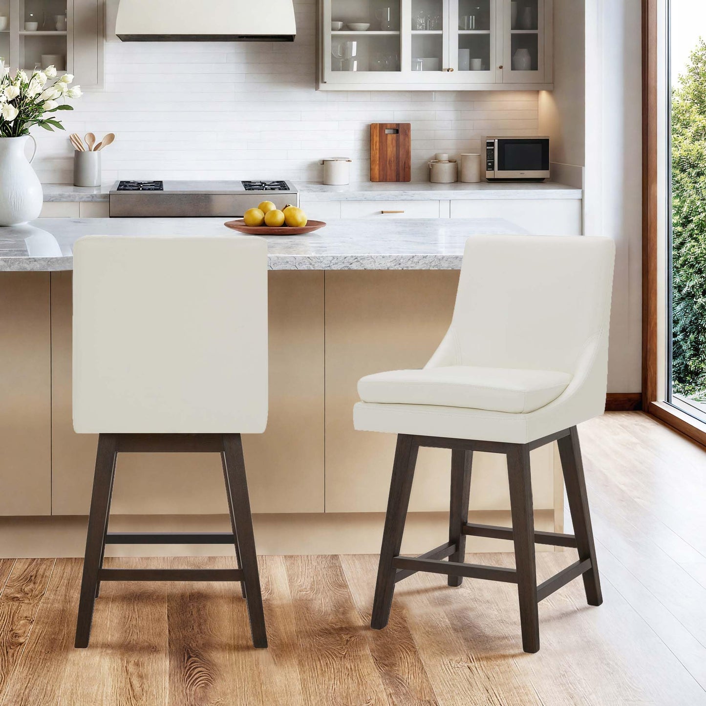 CHITA Bar Height Swivel Barstool with Back Set of 2, FSC Certified Upholstered Bar Stool, 30.7" H Seat Height, Fabric in Ivory
