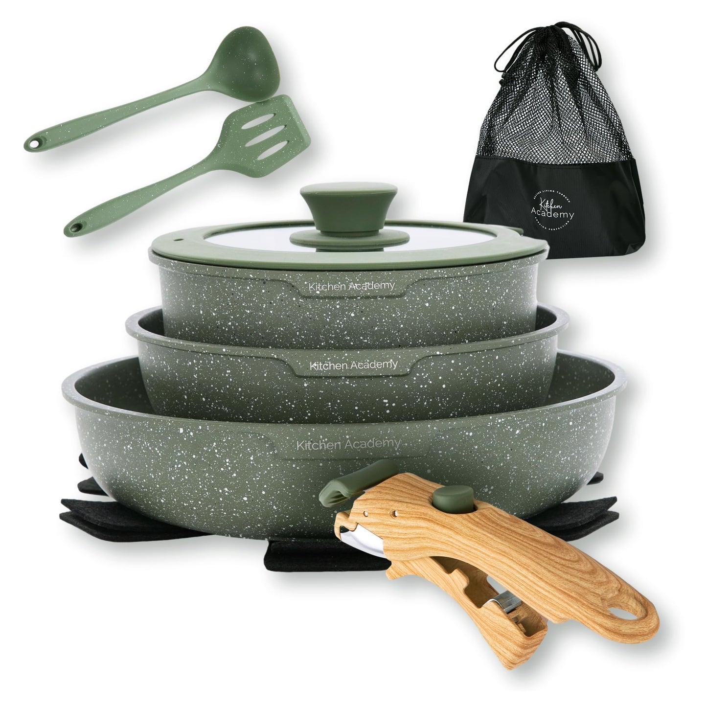 Kitchen Academy Removable Handle Induction Pots and Pans Set - 10 Piece Non-stick Cookware Sets, Black Granite Stackable RV Cookware for Camp