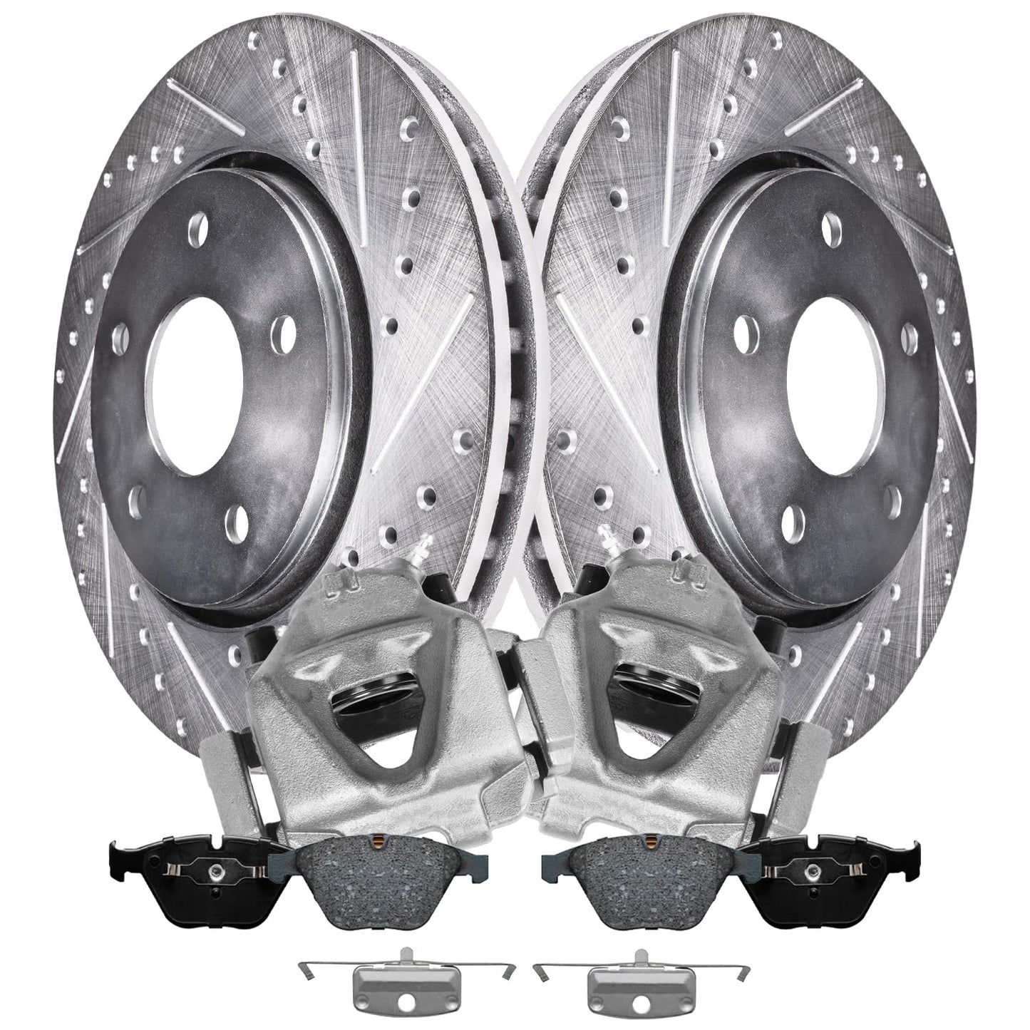 Detroit Axle - Front Brake Kit for Chevy GMC Silverado Suburban Sierra Savana Express 1500 Tahoe Yukon XL Cadillac Escalade ESV EXT Drilled Slotted Disc Brake Rotors Ceramic Brakes Pads Replacement