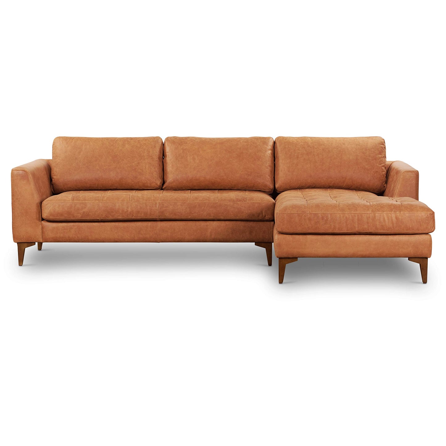 Poly & BARK Harper Left-Facing Leather Sleeper Sectional Sofa Cognac Tan– Full-Grain Aniline Leather, Sculptural Silhouette, Walnut-Finished Legs – Modern Statement Sofa for Living Spaces